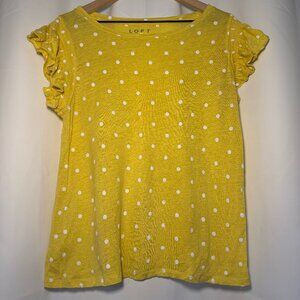 Loft Linen Blouse Womens L Yellow Polka Dot Ruffly Flutter Sleeves Swing Top EUC
